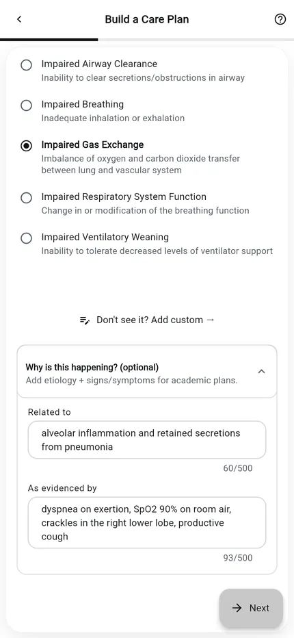 NurseBrain Synapse Care Plan Builder, step 1: Respiratory focus area with the nursing diagnosis Impaired Gas Exchange selected, and the optional related to and as evidenced by fields filled in