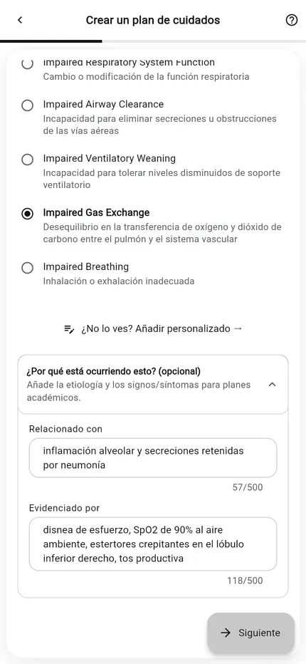 Creador de planes de cuidados de NurseBrain Synapse, paso 1: área de enfoque Respiratorio con el diagnóstico de enfermería Impaired Gas Exchange seleccionado, y los campos opcionales relacionado con y manifestado por llenados