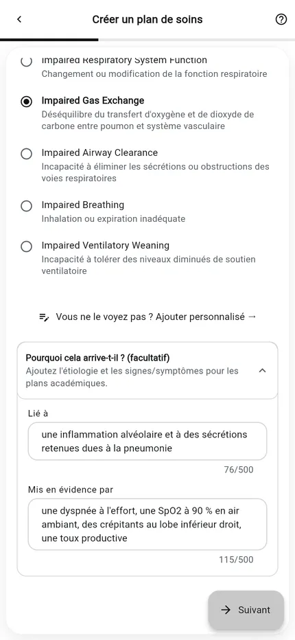 Générateur de plans de soins NurseBrain Synapse, étape 1 : domaine Respiratoire avec le diagnostic infirmier Impaired Gas Exchange sélectionné, et les champs optionnels lié à et se manifestant par remplis