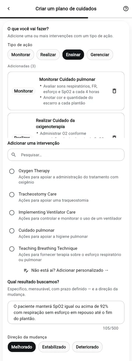 Criador de planos de cuidados do NurseBrain Synapse, etapa 2: o resultado esperado escrito, a direção da mudança definida como Melhorado e as intervenções de enfermagem adicionadas