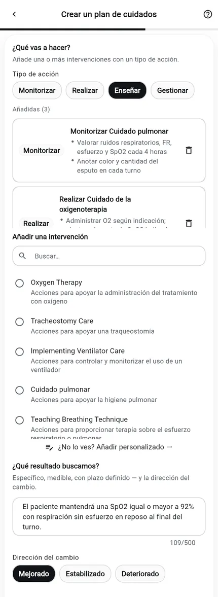 Creador de planes de cuidados de NurseBrain Synapse, paso 2: el resultado esperado escrito, la dirección del cambio marcada como Mejorado y las intervenciones de enfermería agregadas