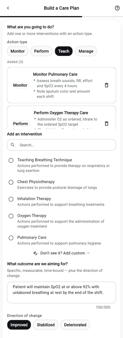 NurseBrain Synapse Care Plan Builder, step 2: the written expected outcome, the direction of change set to Improved, and the added nursing interventions