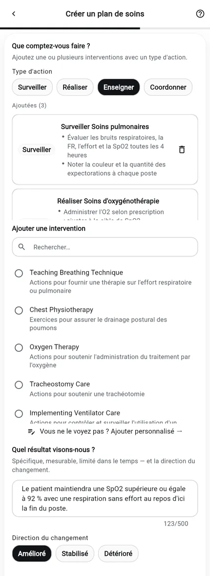 Générateur de plans de soins NurseBrain Synapse, étape 2 : le résultat attendu rédigé, le sens du changement réglé sur Amélioré, et les interventions infirmières ajoutées