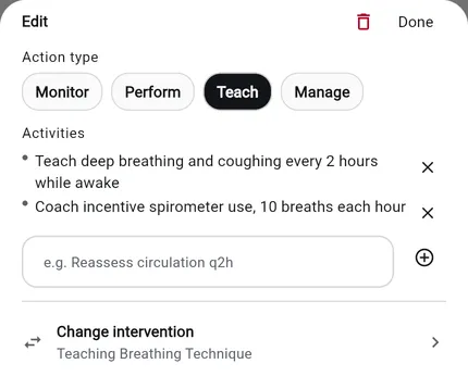 The Add specifics sheet in the NurseBrain Synapse Care Plan Builder: action type set to Teach and two activities listed under Teaching Breathing Technique