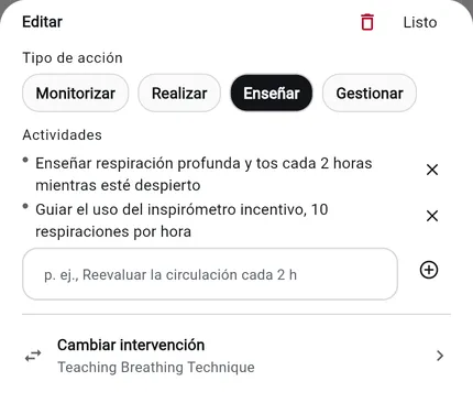 La hoja Agregar especificaciones del creador de planes de cuidados de NurseBrain Synapse: tipo de acción Enseñar y dos actividades listadas bajo Teaching Breathing Technique