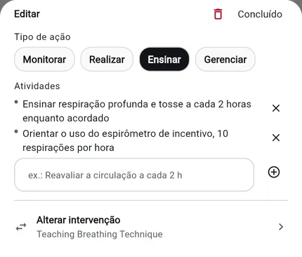 A folha Adicionar especificações do criador de planos de cuidados do NurseBrain Synapse: tipo de ação Ensinar e duas atividades listadas em Teaching Breathing Technique