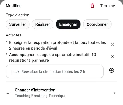 La feuille Ajouter des précisions du générateur de plans de soins NurseBrain Synapse : type d'action Enseigner et deux activités listées sous Teaching Breathing Technique
