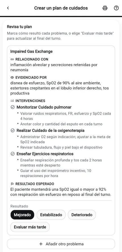 Creador de planes de cuidados de NurseBrain Synapse, paso 3: el plan de cuidados de neumonía completo revisado como una sola tarjeta, con el resultado registrado como Mejorado