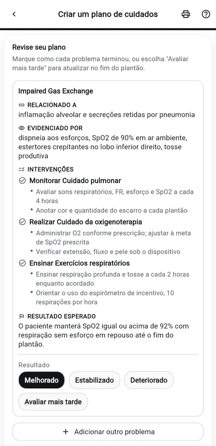Criador de planos de cuidados do NurseBrain Synapse, etapa 3: o plano de cuidados de pneumonia completo revisado como um único cartão, com o resultado registrado como Melhorado