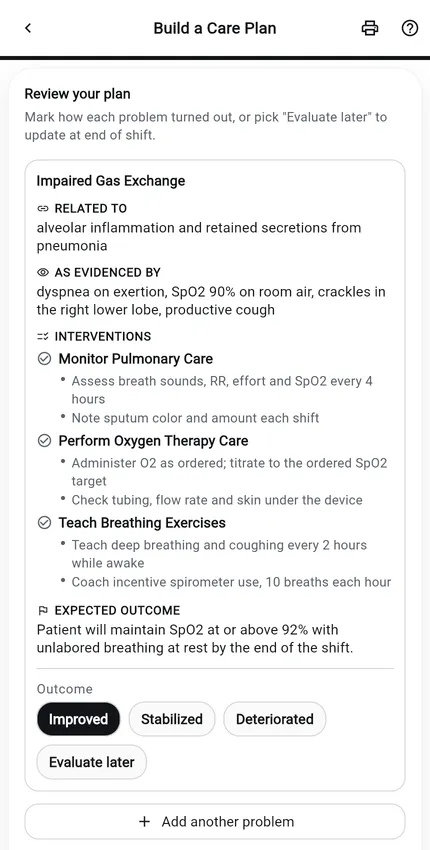 NurseBrain Synapse Care Plan Builder, step 3: the completed pneumonia care plan reviewed as one card, with the outcome recorded as Improved