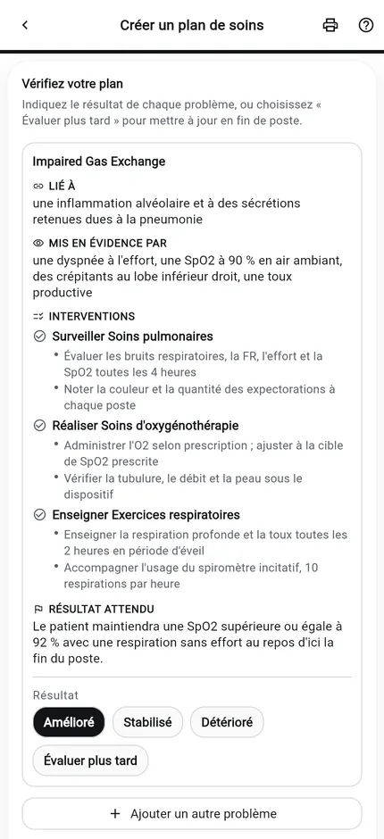 Générateur de plans de soins NurseBrain Synapse, étape 3 : le plan de soins pneumonie terminé, relu sous forme d'une seule carte, avec le résultat enregistré comme Amélioré