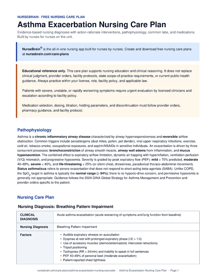Asthma Exacerbation Nursing Care Plan