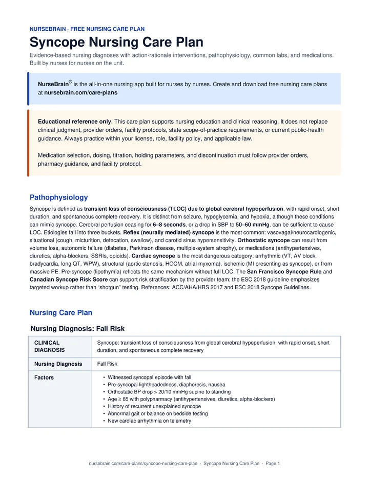 Syncope Nursing Care Plan